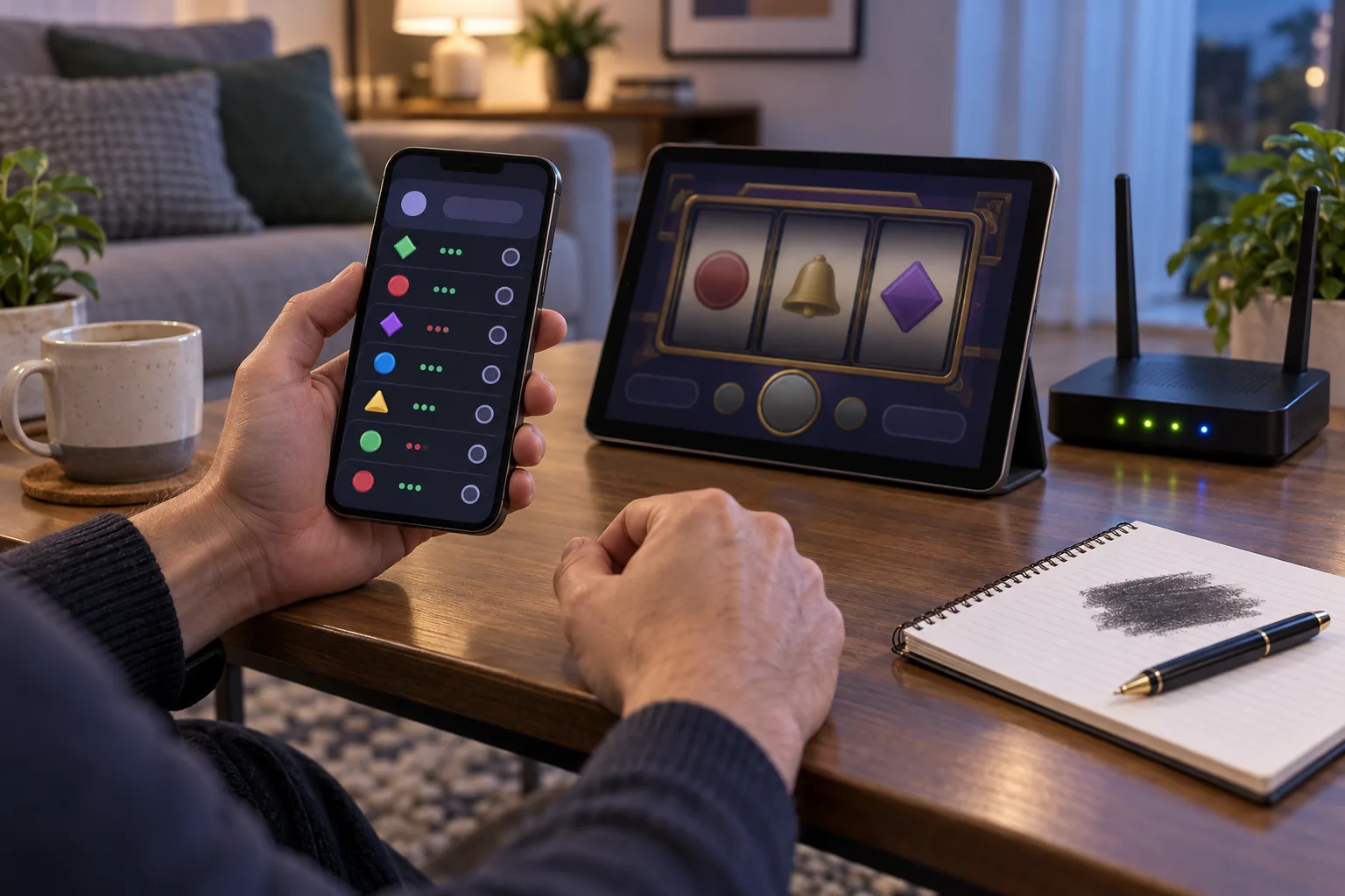 An anonymous player's hands checking a paused slot session, The player compares the refreshed balance and round history